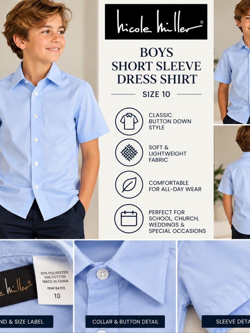 Nicole Miller Boys Baby Blue Short Sleeve Dress Shirt Size 10